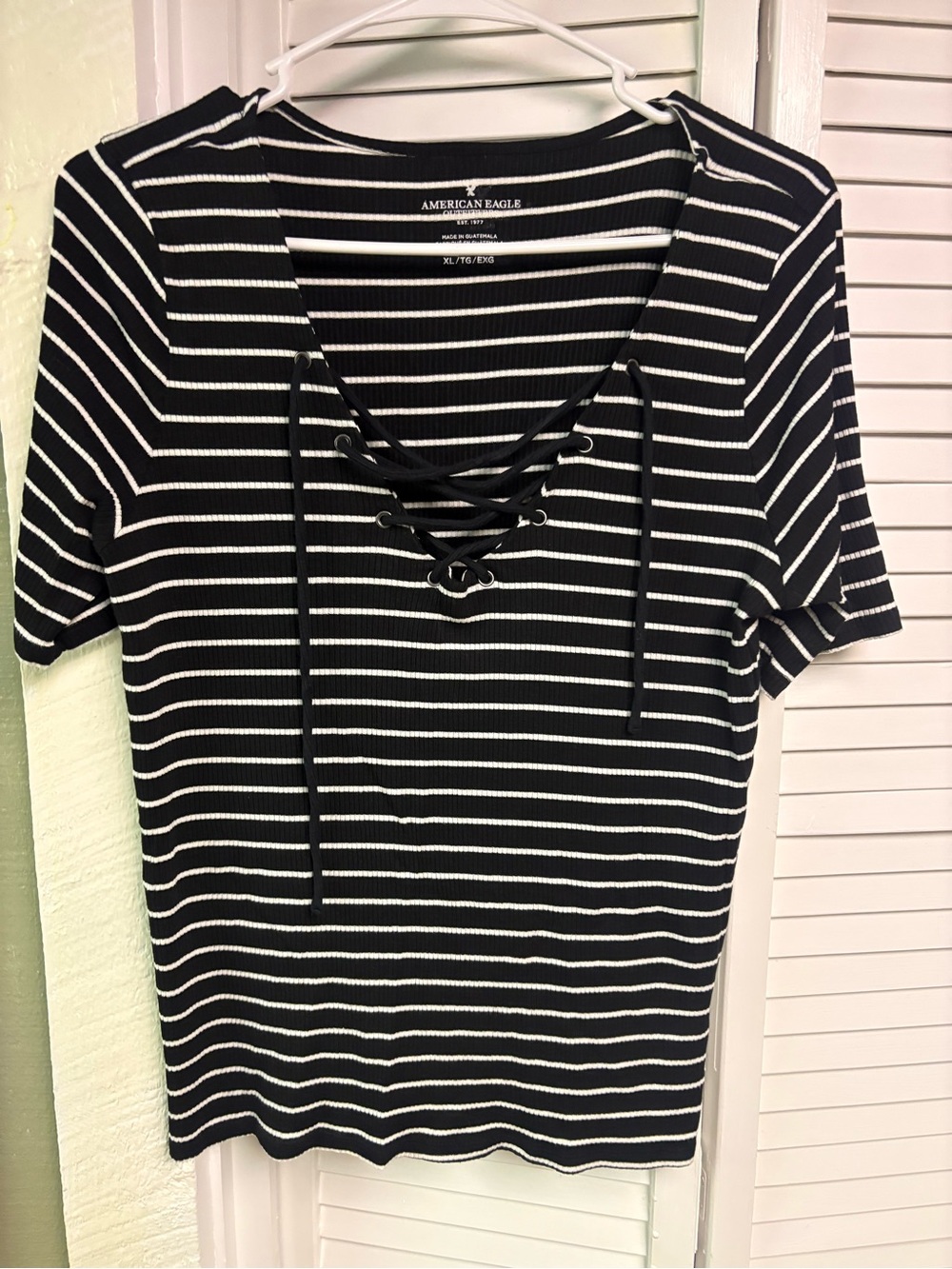 American Eagle Outfitters Black & White Striped Lace-Up Ribbed Short Sleeve Top